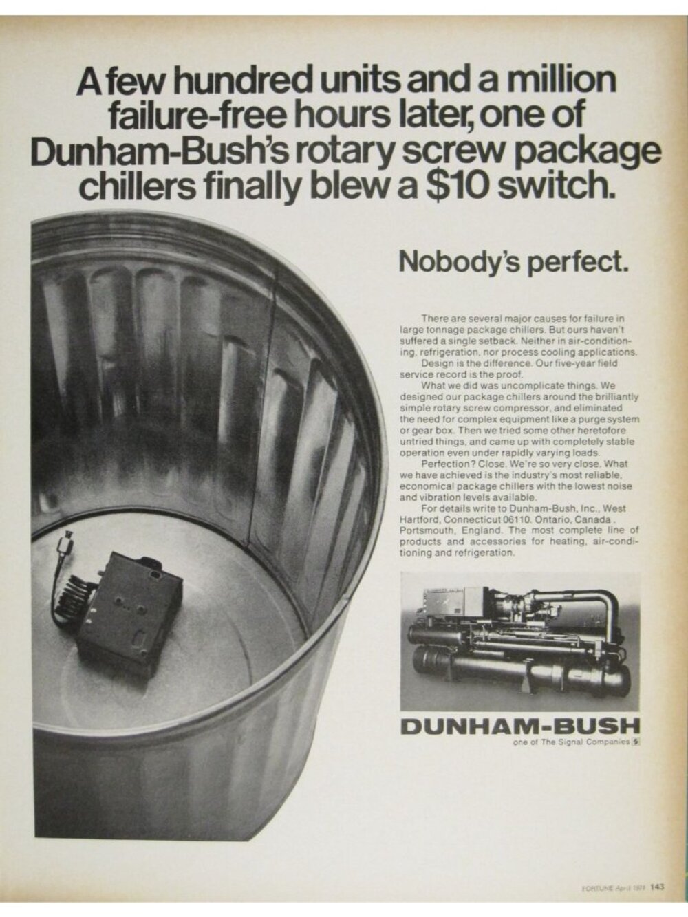 Print Ad Dunham-Bush Rotary Screw Package Chillers 1977 Replacement Reliable